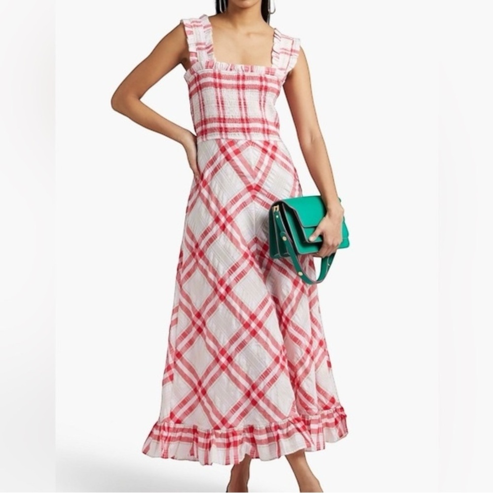 Ganni Red and White Seersucker Checkered Maxi‎ Dress Size 40